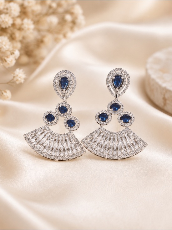 Jewelry - Elegant Silver Fan Drop Earrings with Blue Gemstones